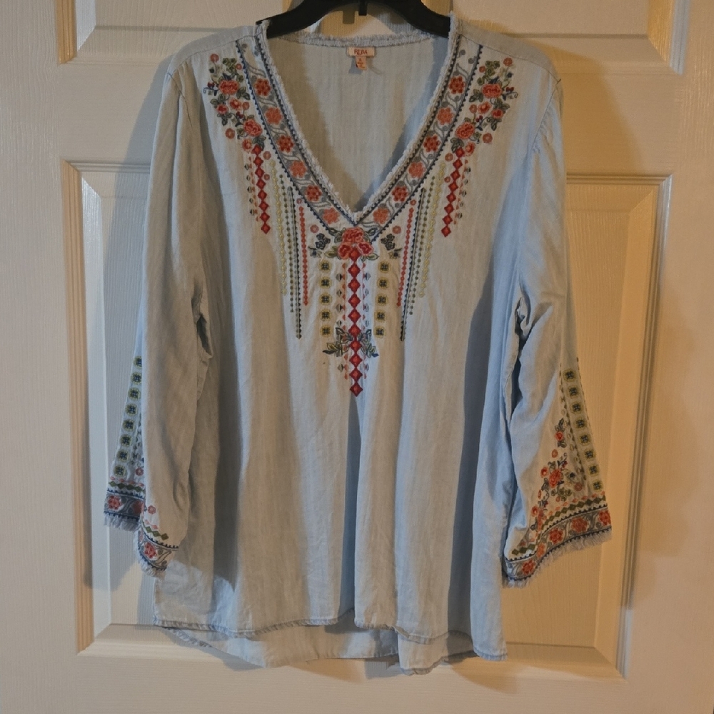 Reba Light Blue Embroidered V-Neck Peasant Blouse